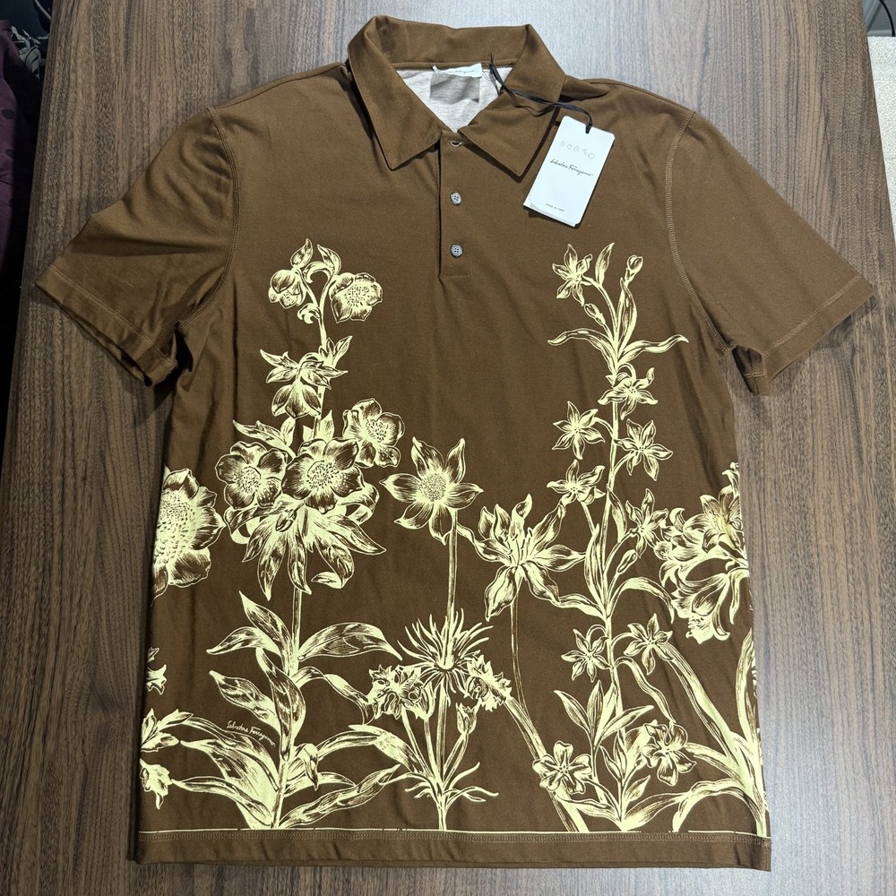 Salvatore Ferragamo Men's Brown Floral Botanical Print Polo Shirt Size XL